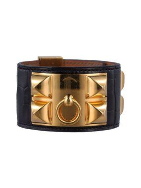 Hermes Collier Chien Black Gold Leather ID 005 CF Bracelet